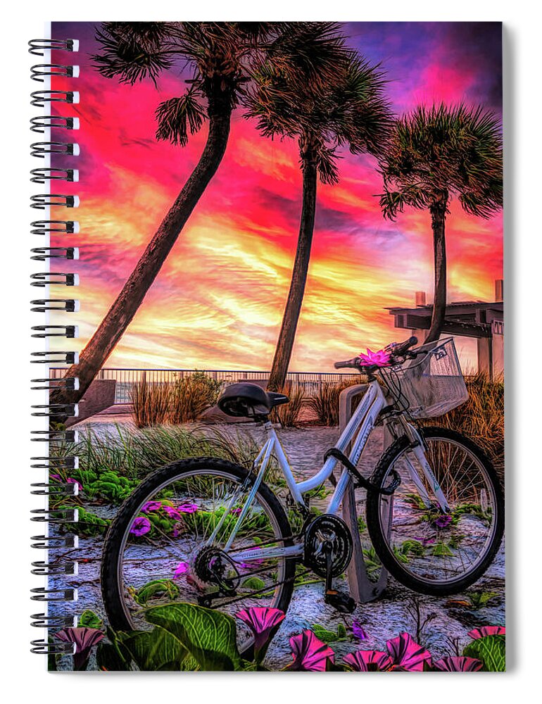 Bike Spiral Notebook featuring the photograph Beach Bike in the Morning Glories Painting by Debra and Dave Vanderlaan