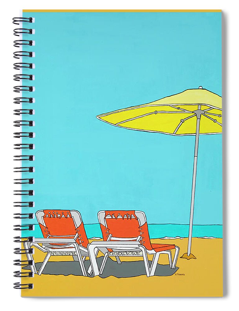 Orange Beach Chairs Water Longisland Montauk Florida Capecod Spiral Notebook featuring the painting Beach Chairs by Mike Stanko