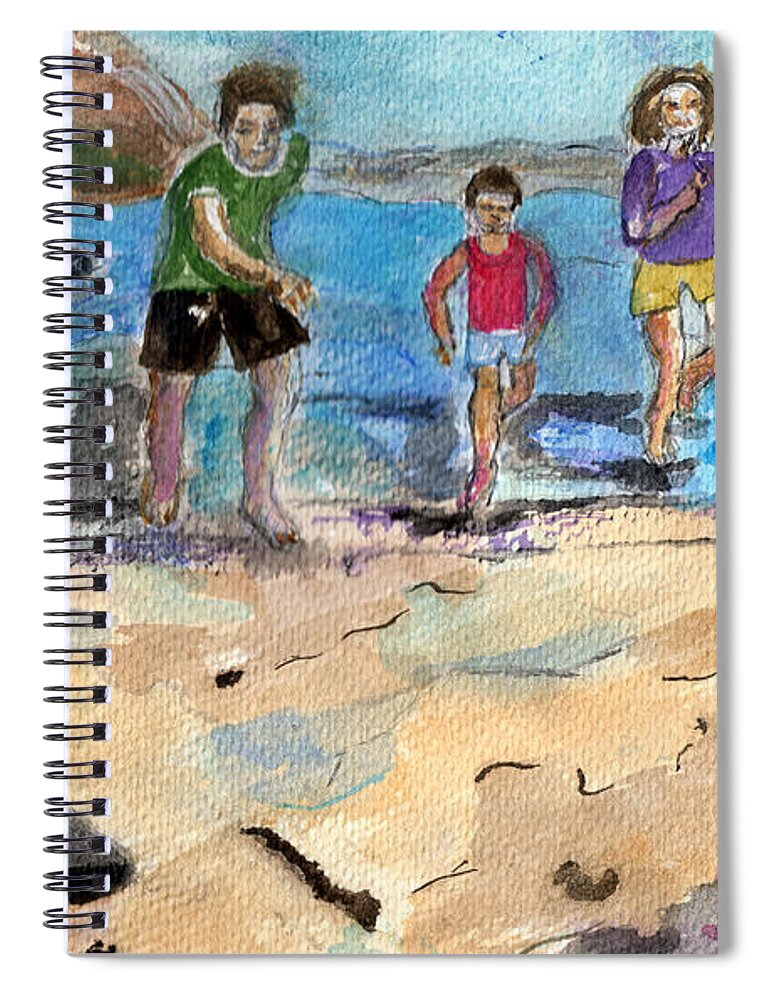 Beach Spiral Notebook featuring the painting Family jogging on the beach. by Genevieve Holland
