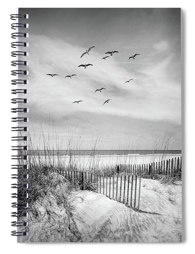 Black Spiral Notebook featuring the photograph Beach Fences on the Sand Dunes Black and White in Square by Debra and Dave Vanderlaan