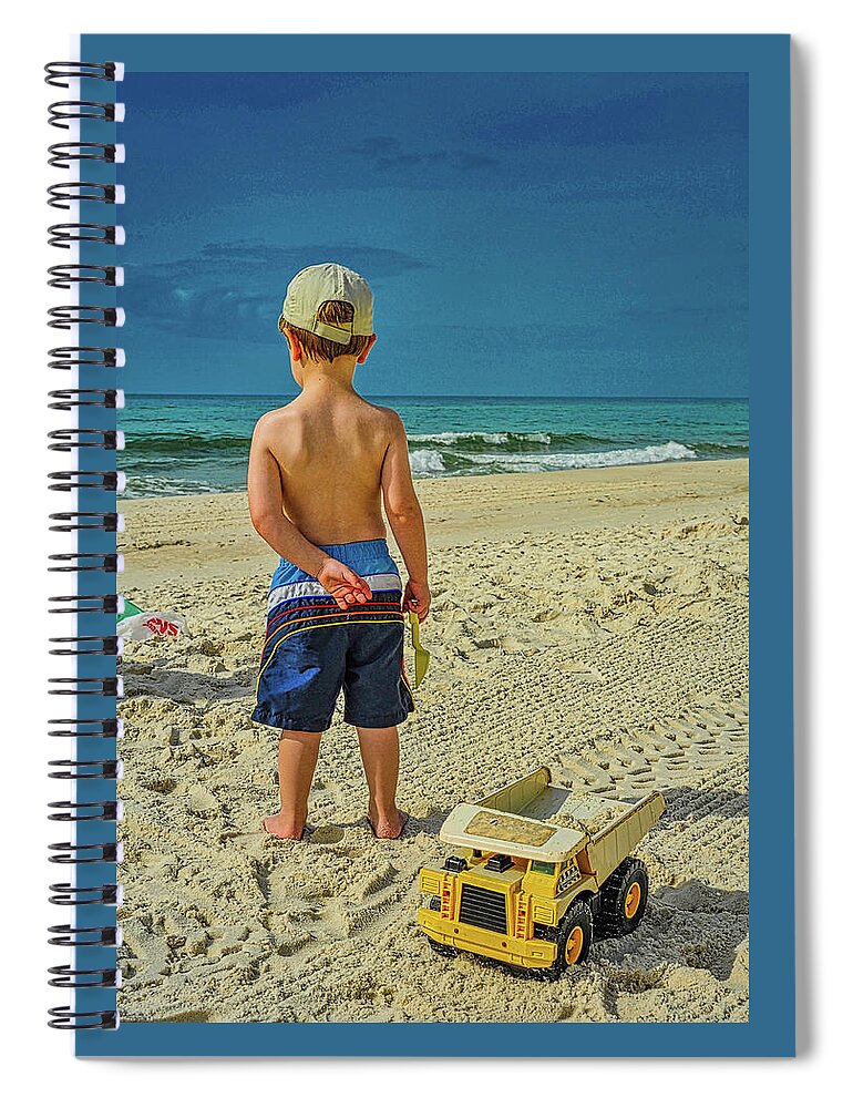 Kid Spiral Notebook featuring the photograph Beach with a Kid and a Truck by James C Richardson