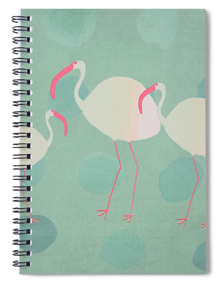 Beachy Bird Ibis Family Vintage Bubbles Spiral Notebook featuring the digital art Beachy Bird Ibis Family Vintage Bubbles by Kandy Hurley