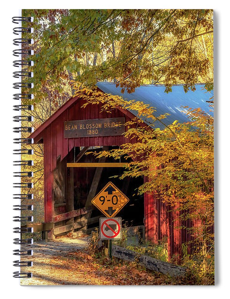 Bean Blossom Bridge Spiral Notebook featuring the photograph Bean Blossom Bridge in Autumn by Susan Rissi Tregoning