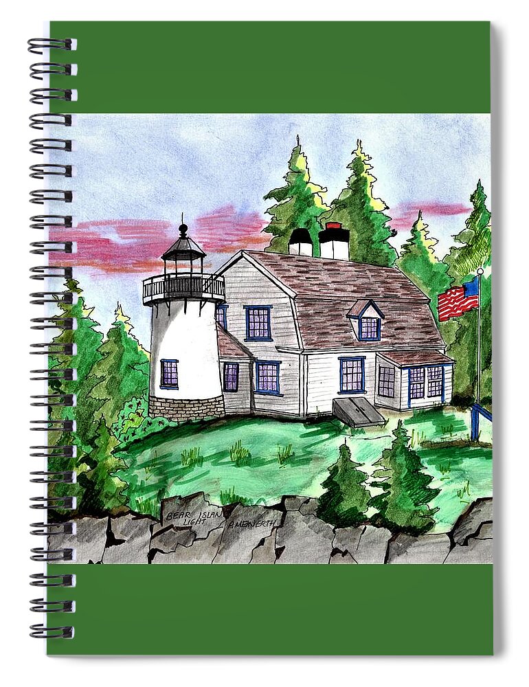 Paul Meinerth Spiral Notebook featuring the drawing Bear Island Light Maine by Paul Meinerth