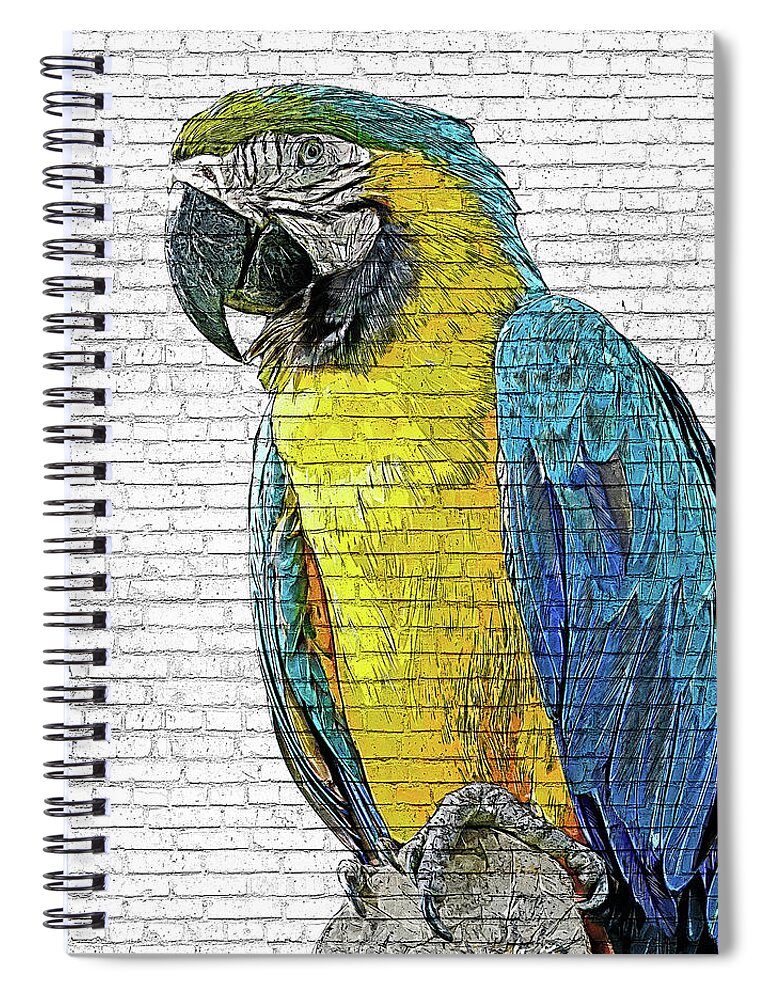 Blue Spiral Notebook featuring the painting Beautiful Blue and Yellow Macaw - Brick Block Background by Custom Pet Portrait Art Studio
