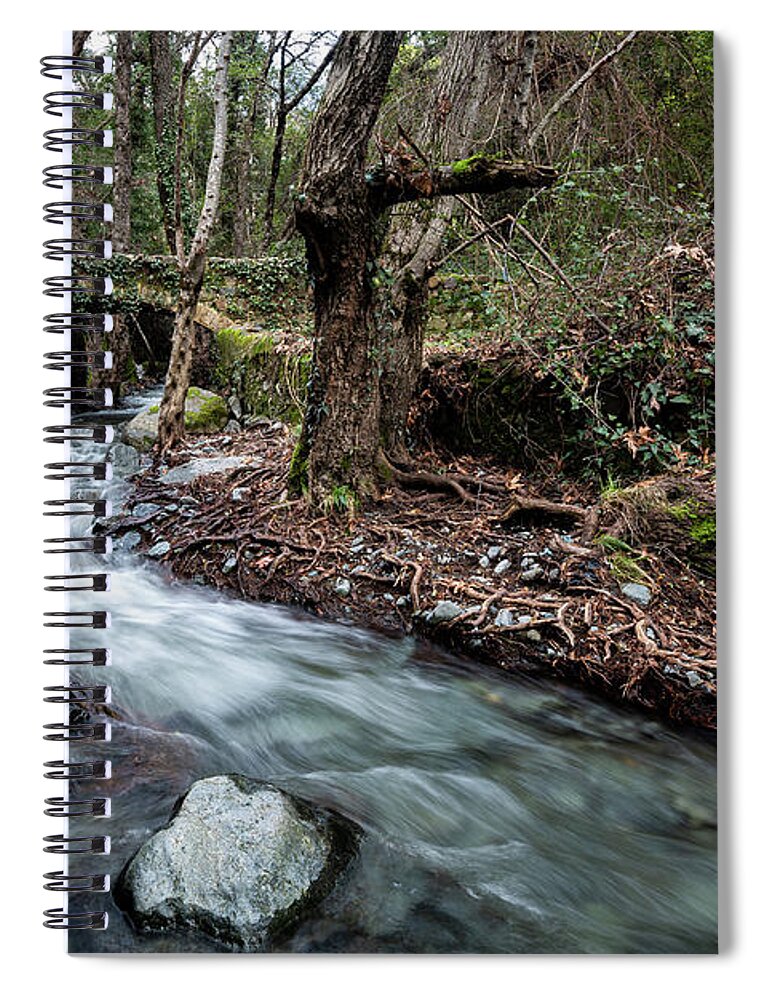River Spiral Notebook featuring the photograph Beautiful medieval stoned bridge with river full with water flo by Michalakis Ppalis