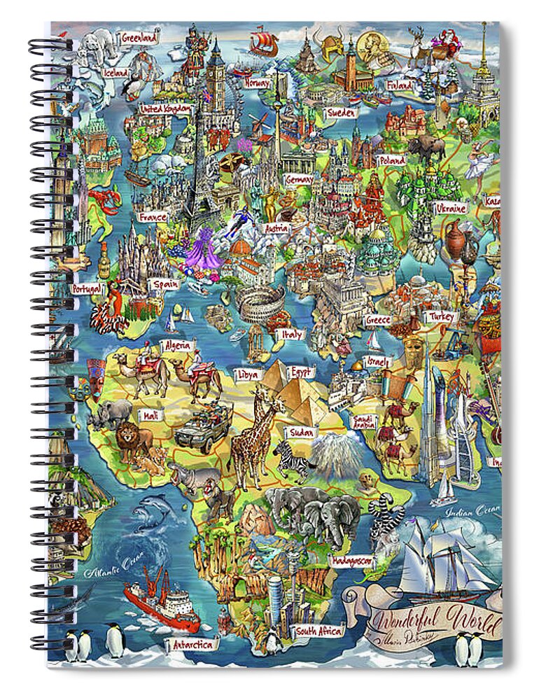 World Illustrated Map Spiral Notebook featuring the digital art Beautiful World - Map Illustration by Maria Rabinky