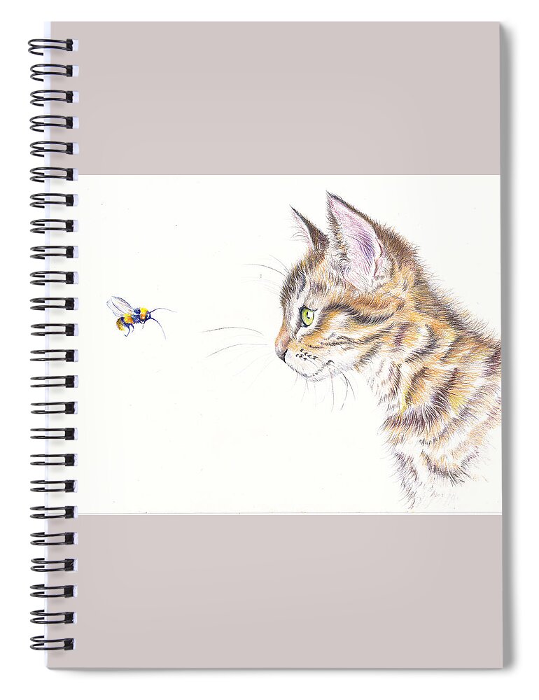 Kitten Spiral Notebook featuring the painting Cat and Bee Sociably Distant by Debra Hall