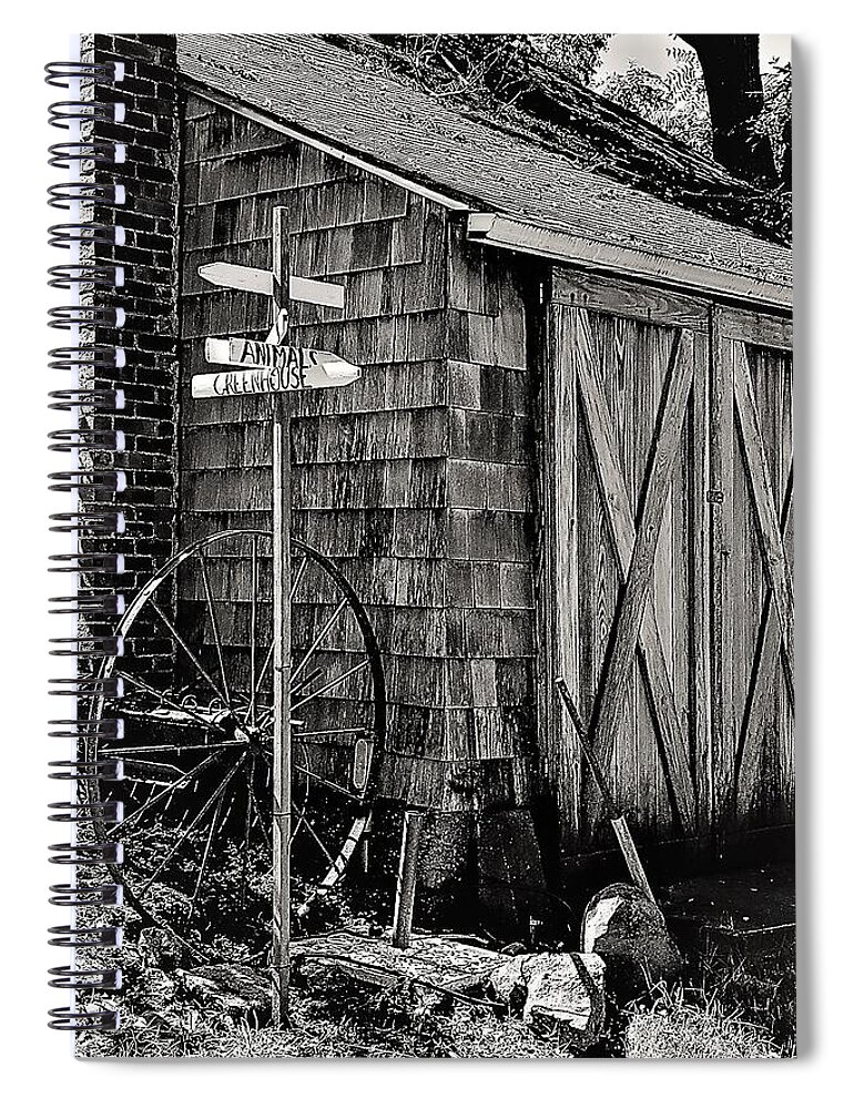  Barn Wheel Sign Dwelling Door Black White Spiral Notebook featuring the photograph Benner's Farm by John Linnemeyer