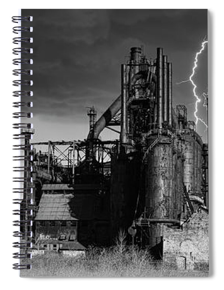 Bethlehem Steel Spiral Notebook featuring the photograph Bethlehem Steel Ruins Blast Furnace USA BW by Chuck Kuhn