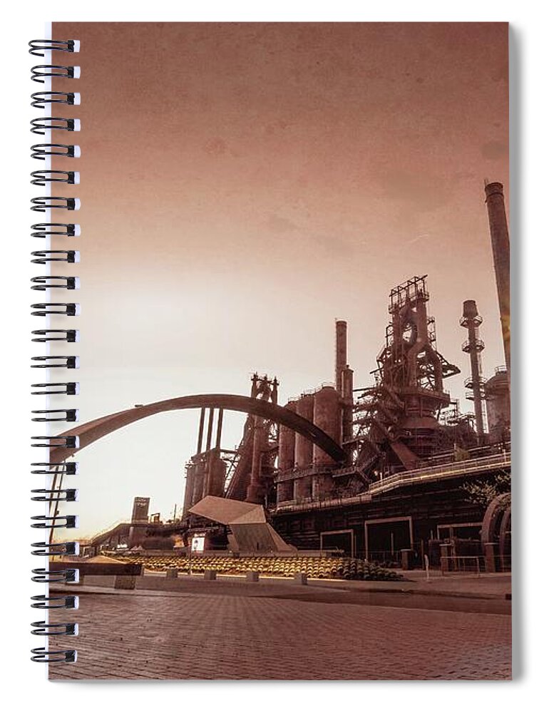 Bethlehem Spiral Notebook featuring the photograph Bethlehem SteelStacks and Sculpture 1950s Style by Jason Fink