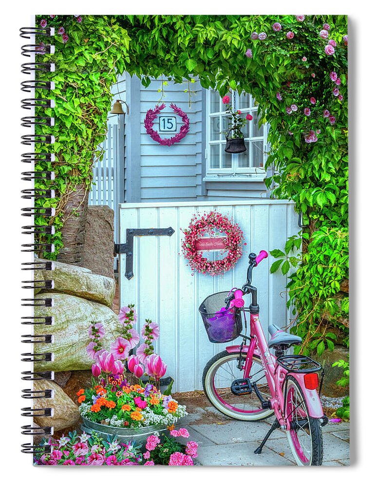 Spring Spiral Notebook featuring the photograph Bicycle Waiting at the Garden Gate by Debra and Dave Vanderlaan