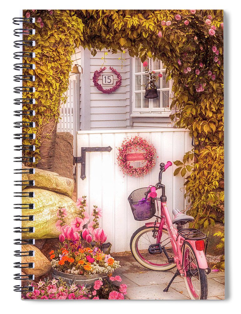 Spring Spiral Notebook featuring the photograph Bicycle Waiting at the Garden Gate in the Early Evening by Debra and Dave Vanderlaan