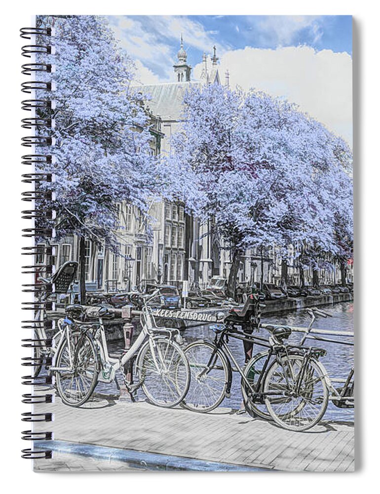 Amsterdam Spiral Notebook featuring the photograph Bicycles Along the Canals in Blues and Black and White by Debra and Dave Vanderlaan