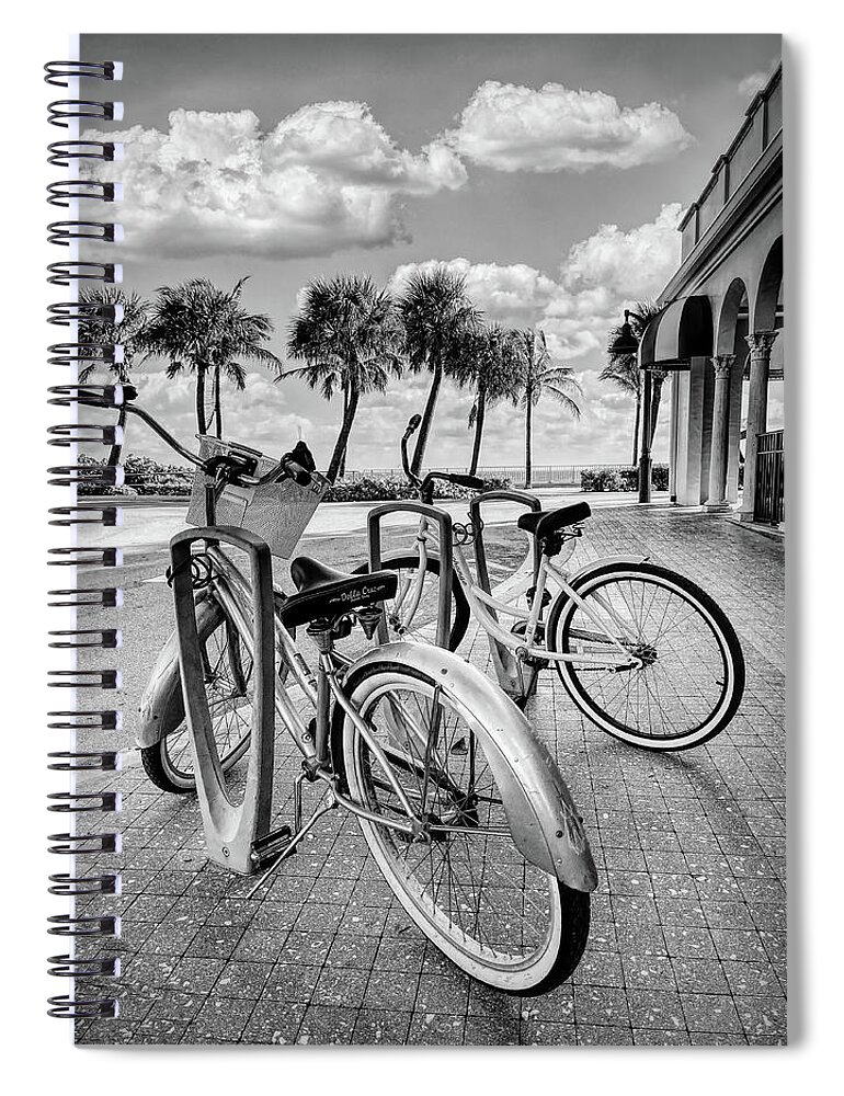 Black Spiral Notebook featuring the photograph Bicycles at the Beach Casino Black and White by Debra and Dave Vanderlaan
