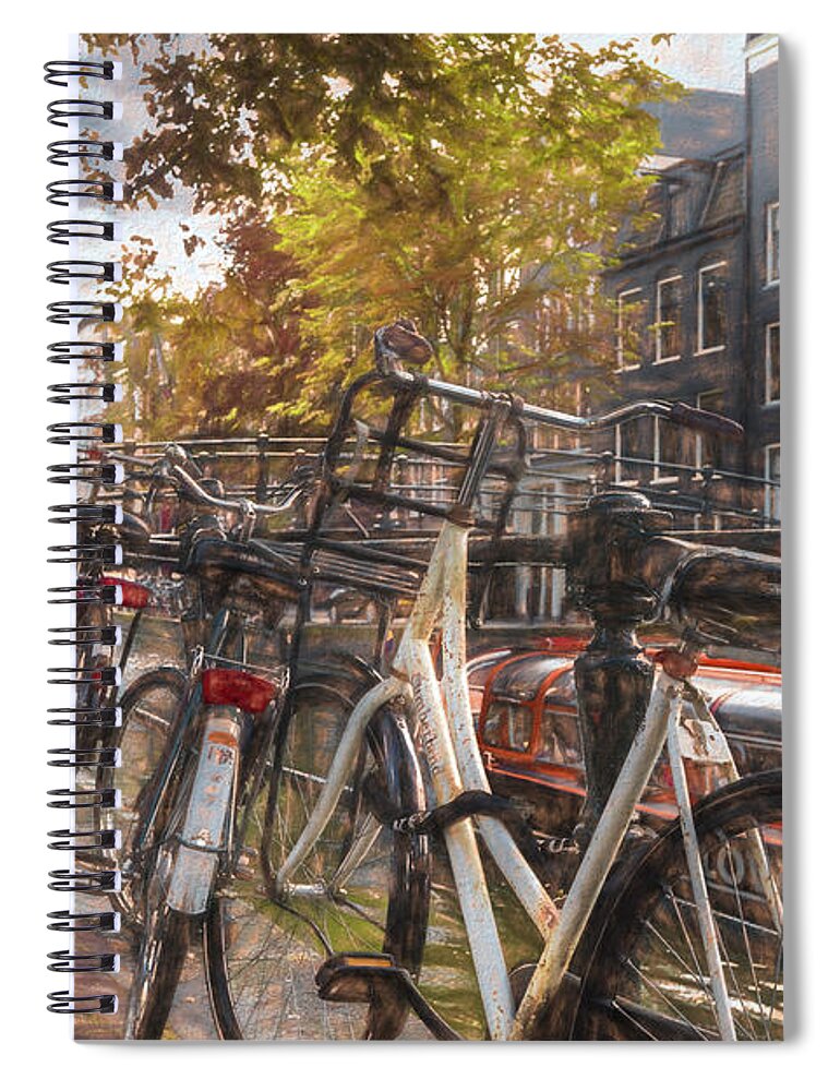 Boats Spiral Notebook featuring the photograph Bicycles of Every Color in Amsterdam Painting by Debra and Dave Vanderlaan