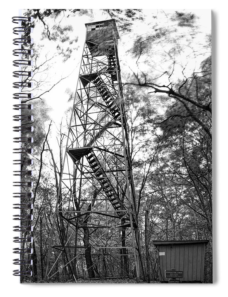 Black Spiral Notebook featuring the photograph Big Ridge Fire Tower in Black and White by Carolyn Hutchins