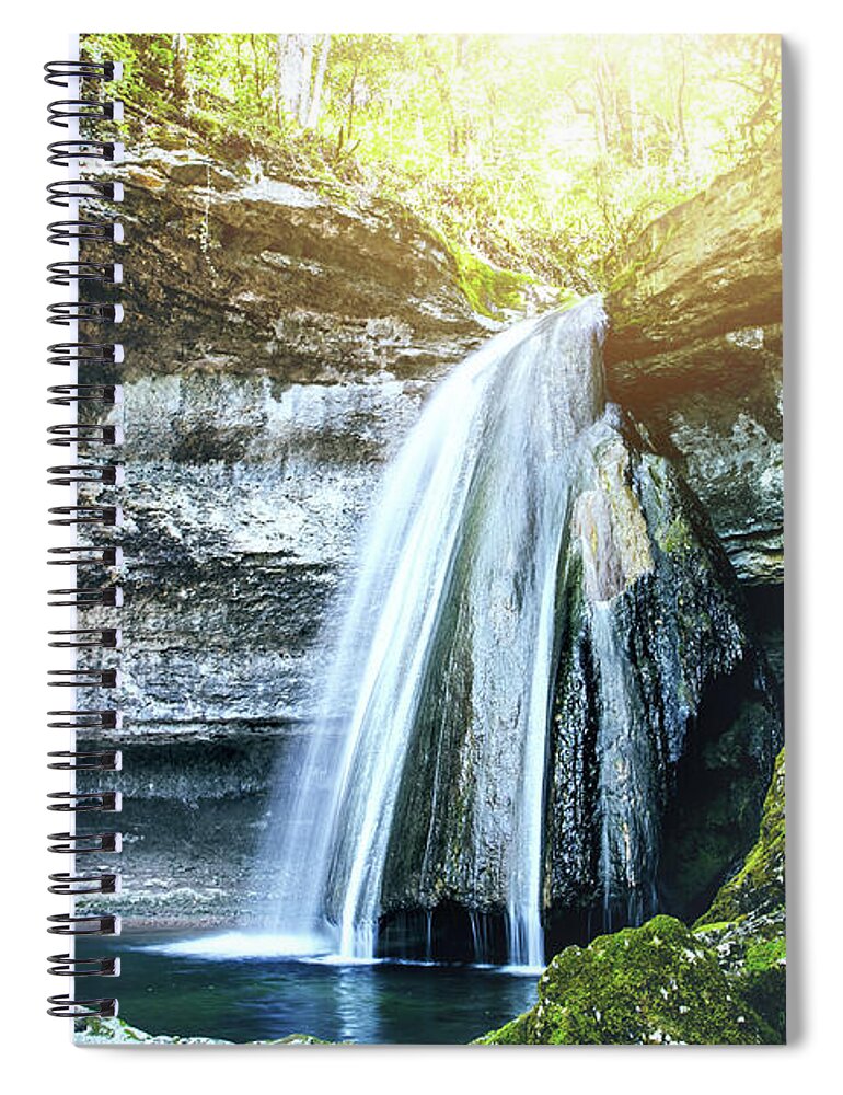 Waterfall Spiral Notebook featuring the photograph Big stalagmite waterfall rock formation in France by Gregory DUBUS