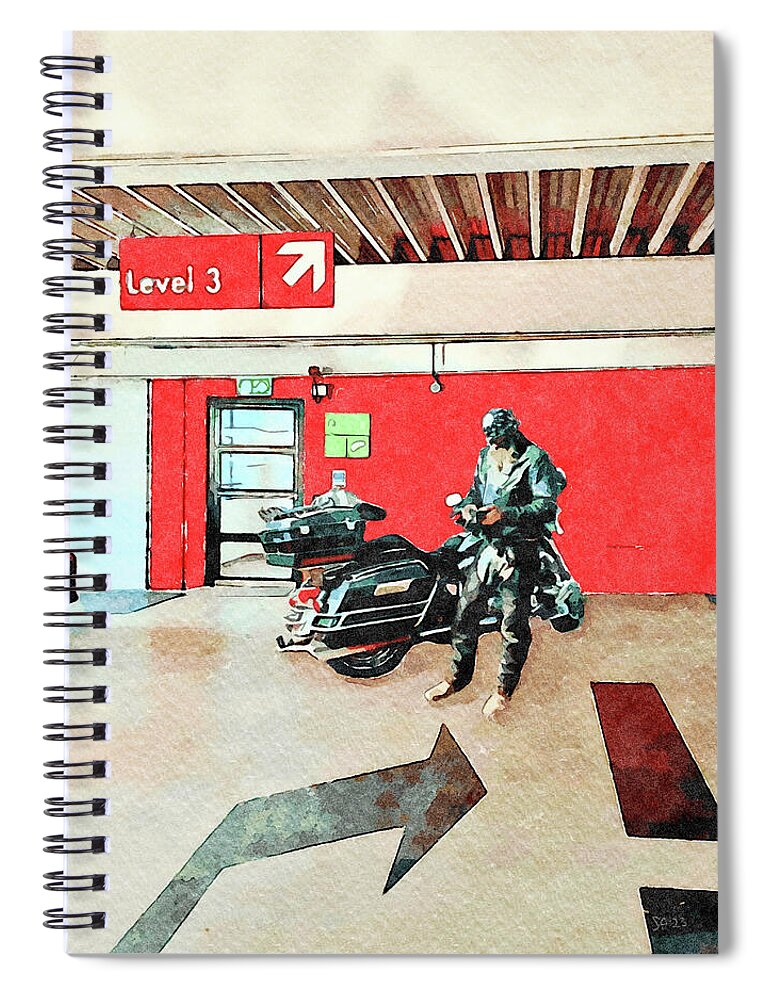 Bike Spiral Notebook featuring the mixed media Bike Parking Watercolor Painting by Shelli Fitzpatrick