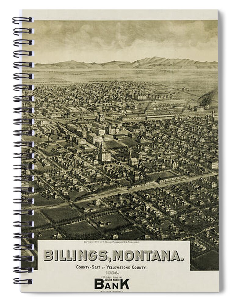 Billings Spiral Notebook featuring the photograph Billings Montana Antique Map Birds Eye View 1904 by Carol Japp