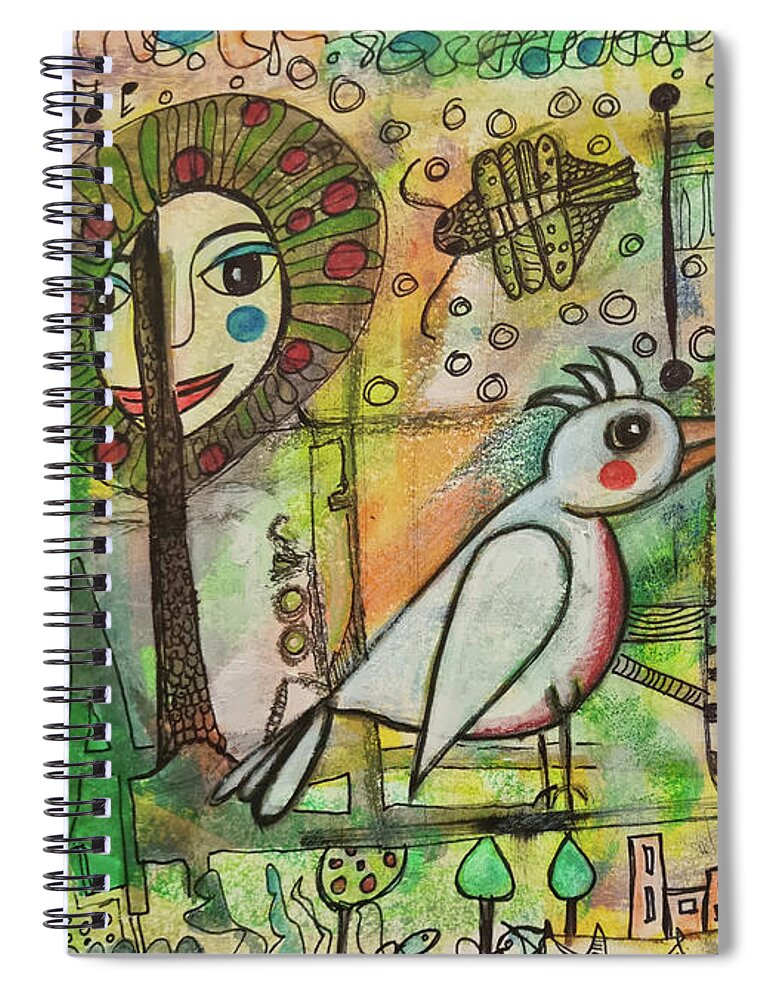 Bird Spiral Notebook featuring the mixed media BIRD and APPLETREE by Mimulux Patricia No