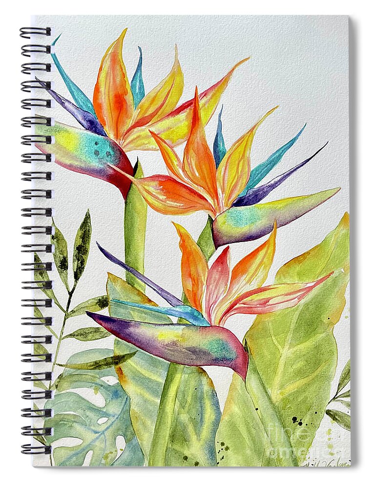 Hawaiian Spiral Notebook featuring the painting Bird of Paradise Tropical Leaves by Hilda Vandergriff