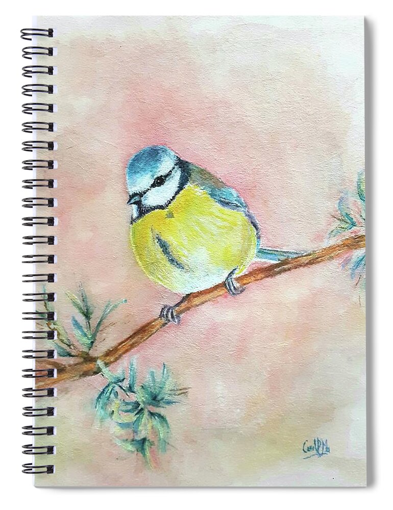 Watercolors Spiral Notebook featuring the painting Bird on a branch Cyanistes caeruleus by Carolina Prieto Moreno