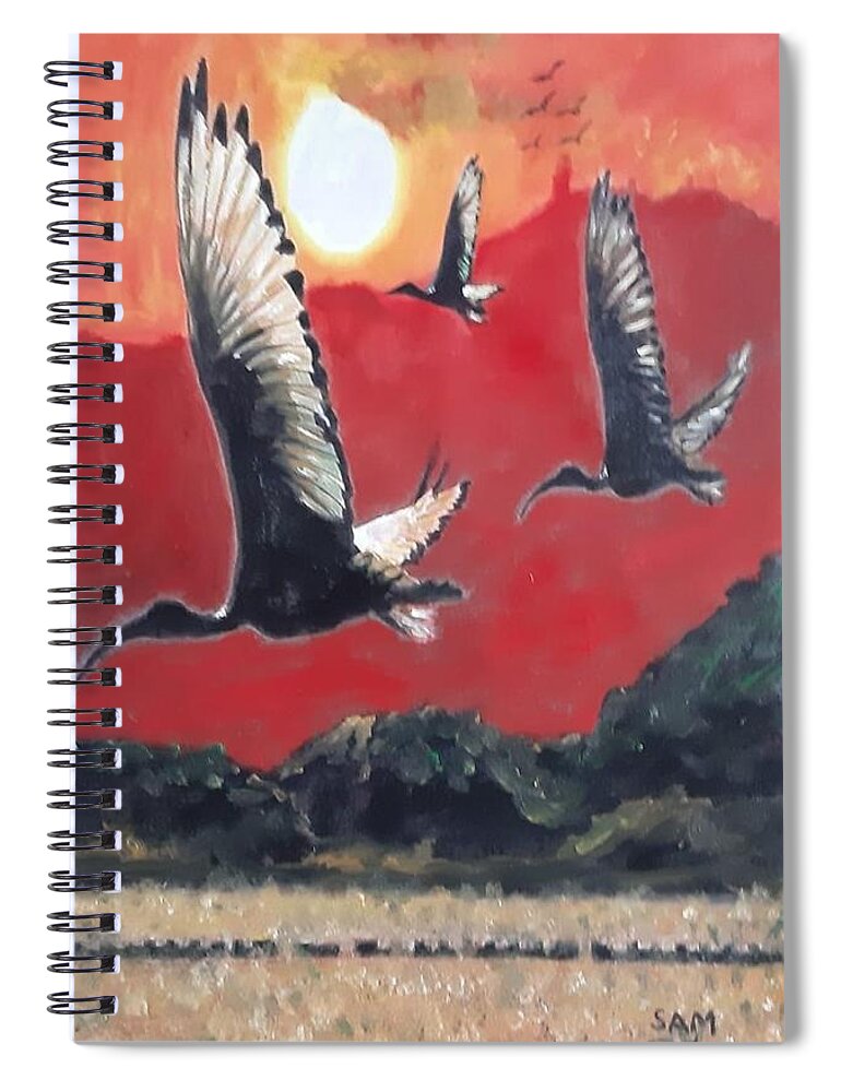 Dinosaur Era Spiral Notebook featuring the painting Birds of Prey from the Dinosaur Era by Sam Shaker