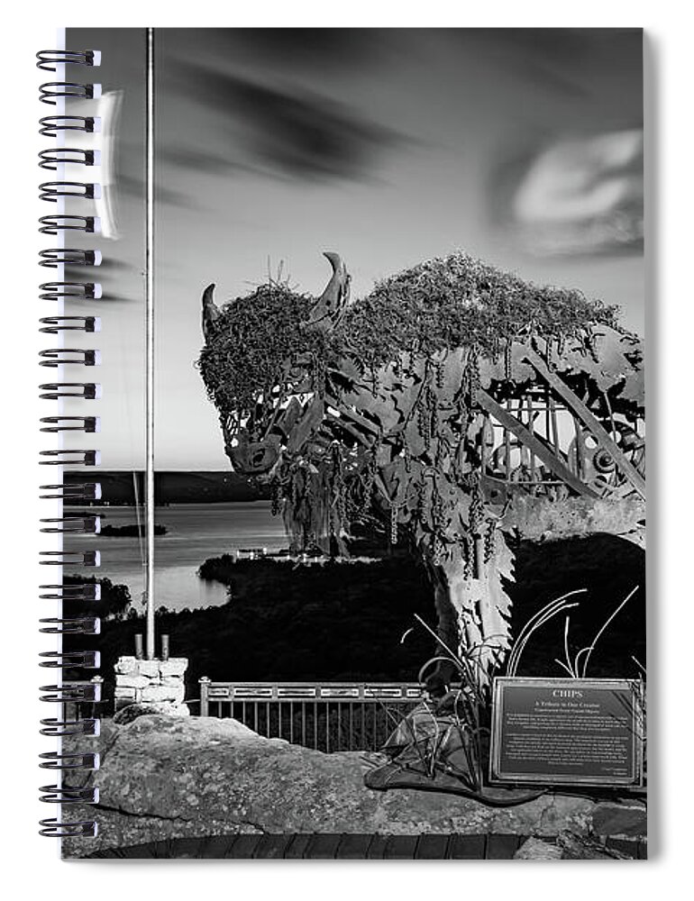 Top Of The Rock Spiral Notebook featuring the photograph Bison Sculpture Over Table Rock Lake - Black and White by Gregory Ballos