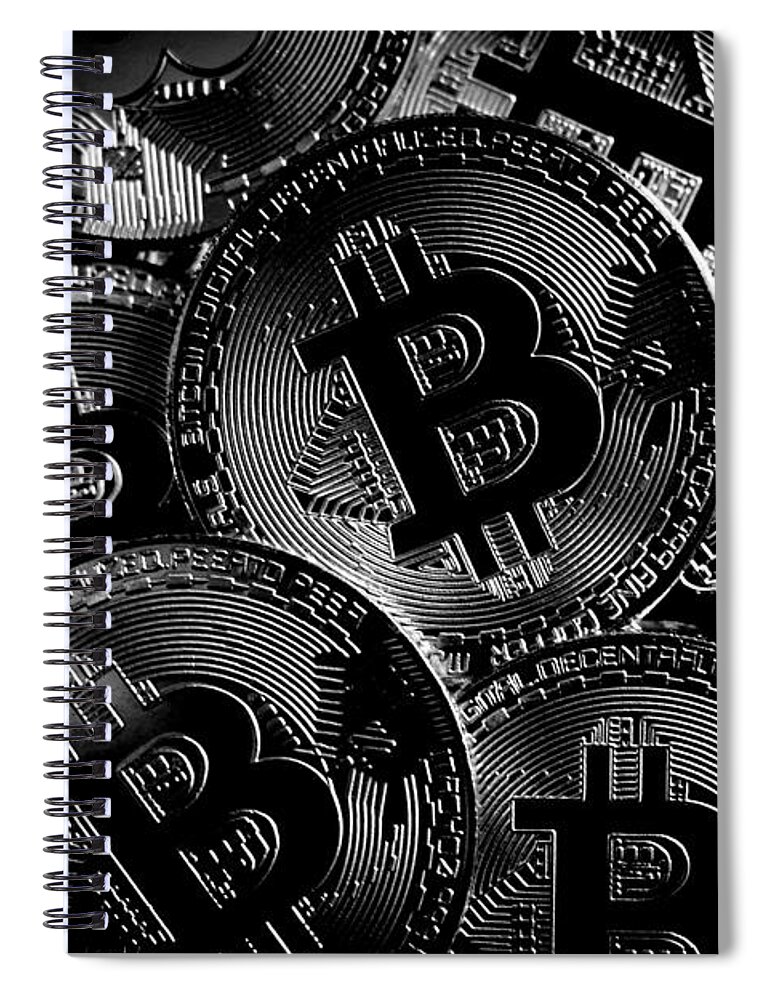 Bitcoin Spiral Notebook featuring the photograph Bitcoin Cryptocurrency Art - Noir by Marianna Mills