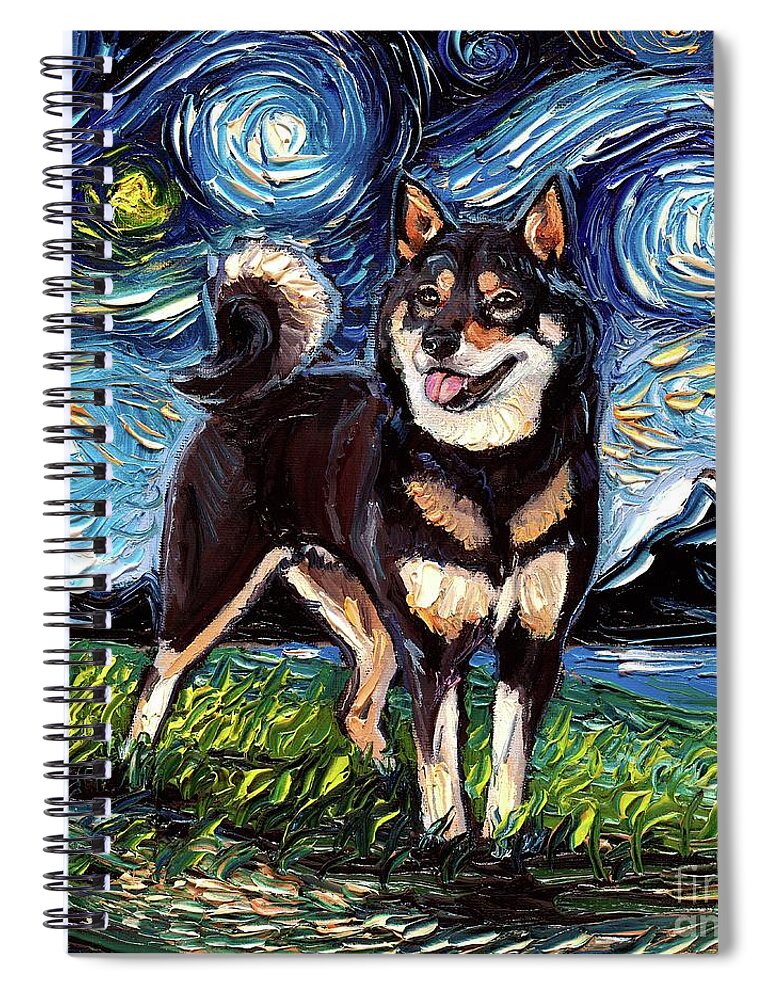 Shiba Inu Spiral Notebook featuring the painting Black and Tan Shiba Inu Night by Aja Trier