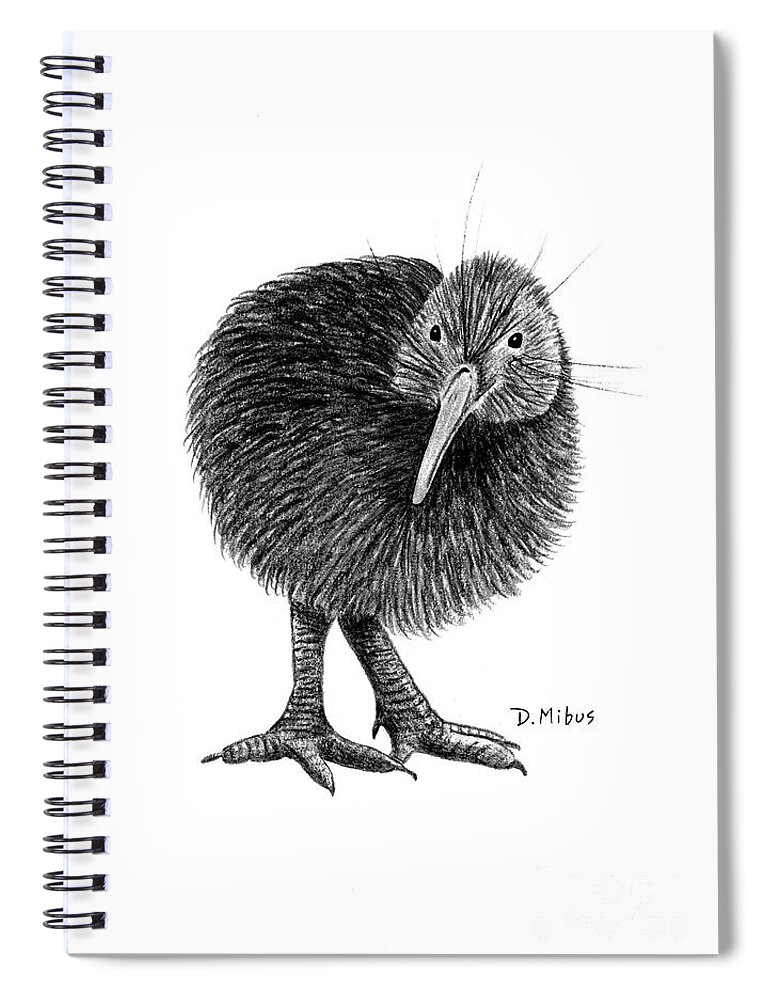 New Zealand Bird Spiral Notebook featuring the drawing Black and White Kiwi Bird of New Zealand by Donna Mibus