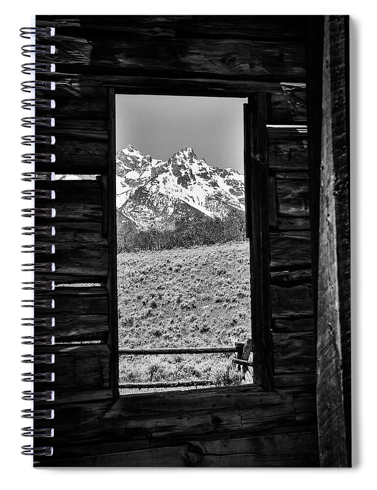 Barn Window Mountain View Spiral Notebook featuring the photograph Black And White Mountain View Barn Window by Dan Sproul