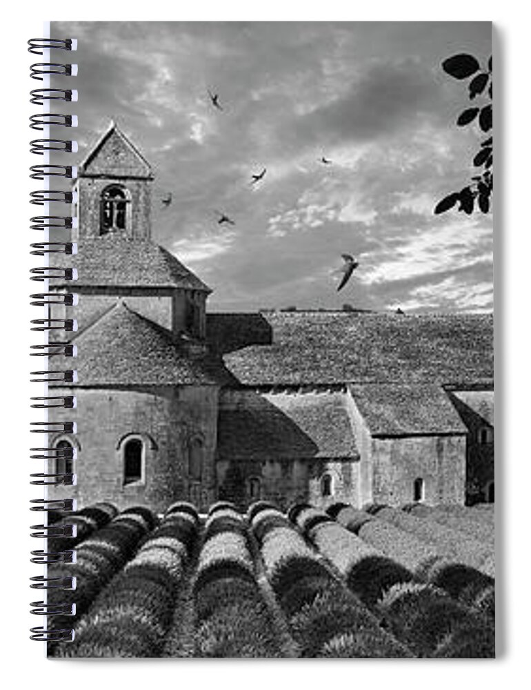 Senanque Abbey Spiral Notebook featuring the photograph Sacred Stone - Black and white photo of the Romanesque Senanque Abbey by Paul E Williams