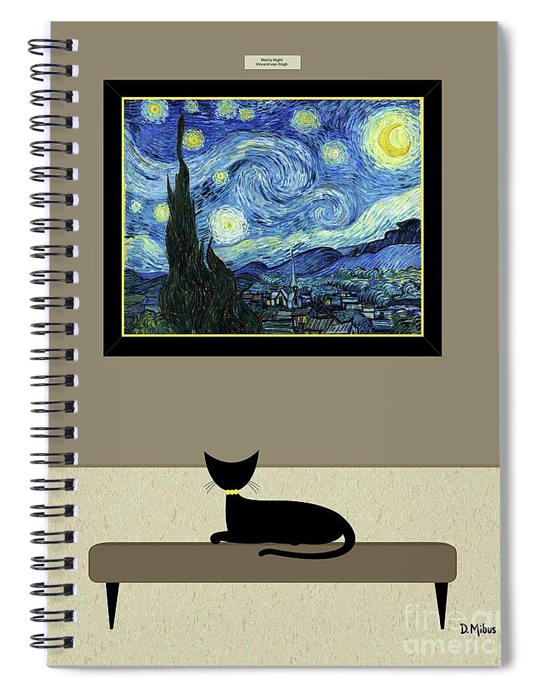 Cat Spiral Notebook featuring the digital art Black Cat Admires Starry Night Painting by Donna Mibus