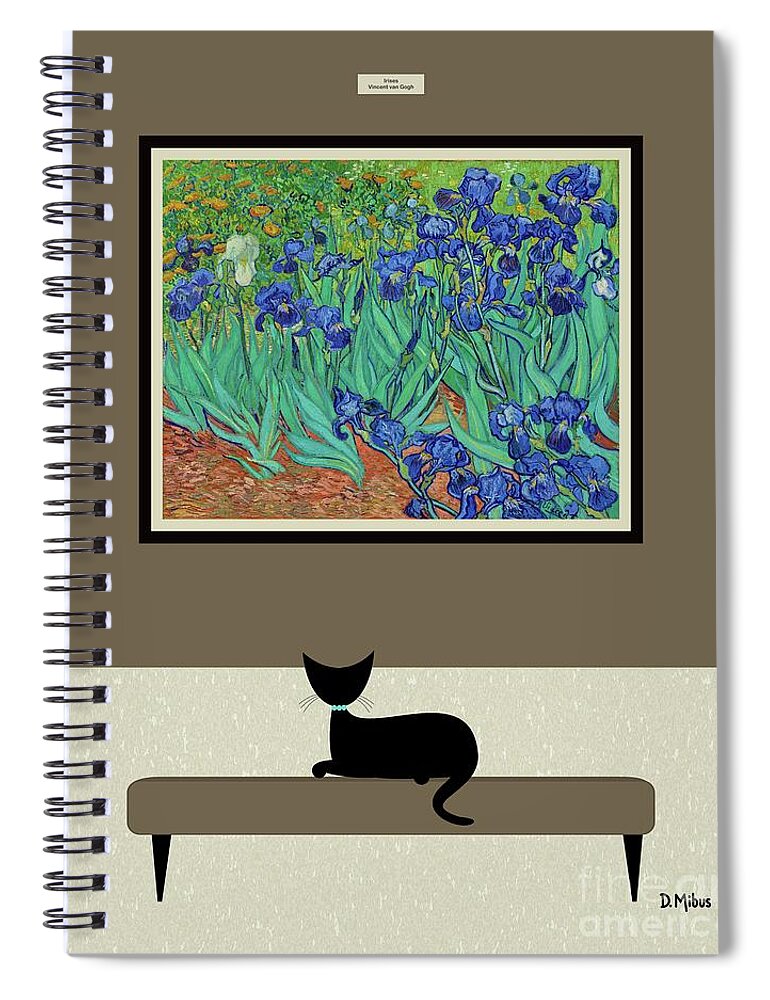 Black Cat Spiral Notebook featuring the digital art Black Cat Enjoys Van Gogh Irises by Donna Mibus