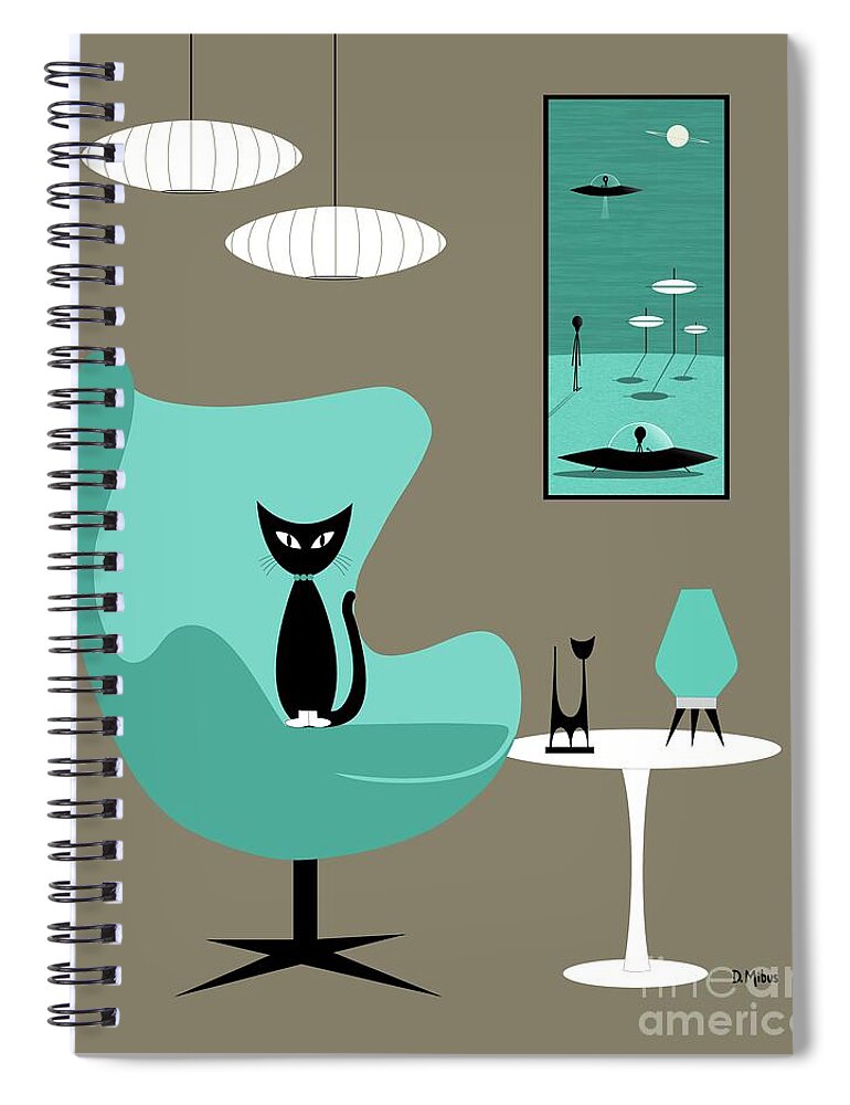 Mid Century Modern Spiral Notebook featuring the digital art Black Cat in Mid Century Egg Chair with Outer Space Artwork by Donna Mibus