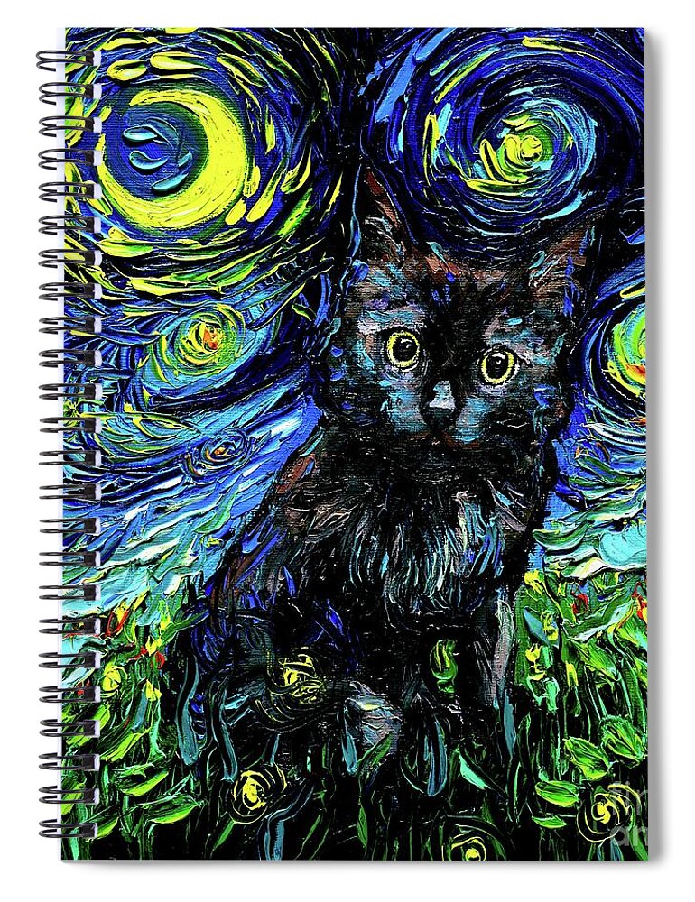 Black Cat Night 3 Spiral Notebook featuring the painting Black Cat Night 3 by Aja Trier