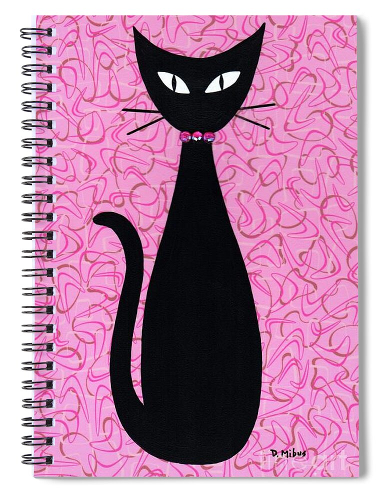 Mid Century Modern Black Cat Spiral Notebook featuring the mixed media Black Cat with Pink Rhinestone Collar by Donna Mibus