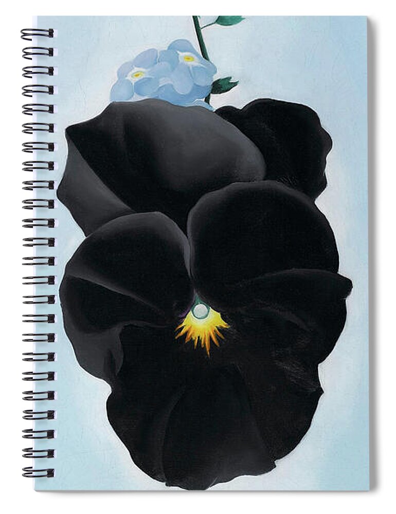 Georgia O'keeffe Spiral Notebook featuring the painting Black pansy with forget-me-nots - Modernist flower painting by Georgia O'Keeffe