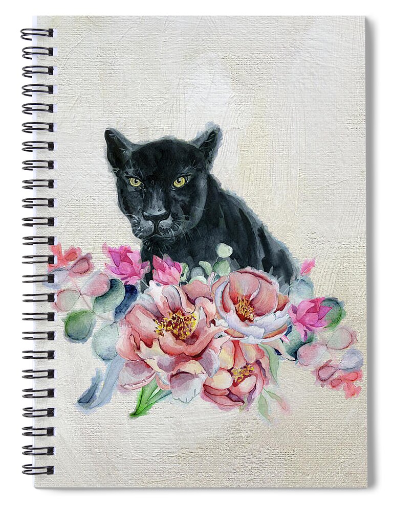 Black Panther Spiral Notebook featuring the painting Black Panther With Flowers by Garden Of Delights
