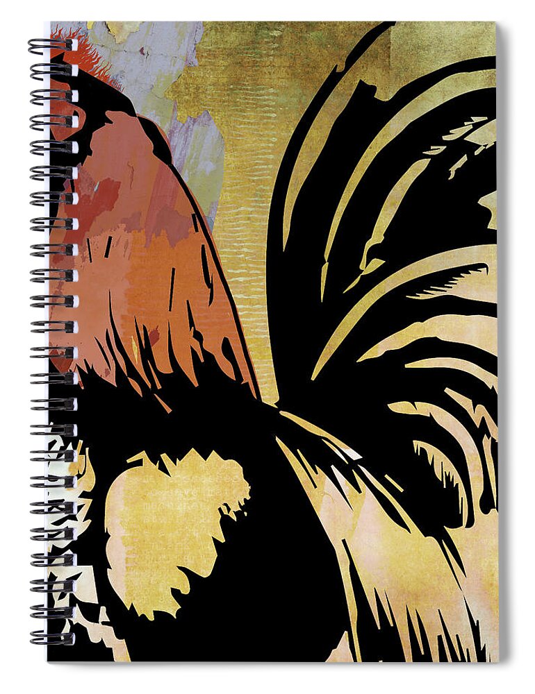 Cockerel Spiral Notebook featuring the mixed media Black Rooster by Kandy Hurley