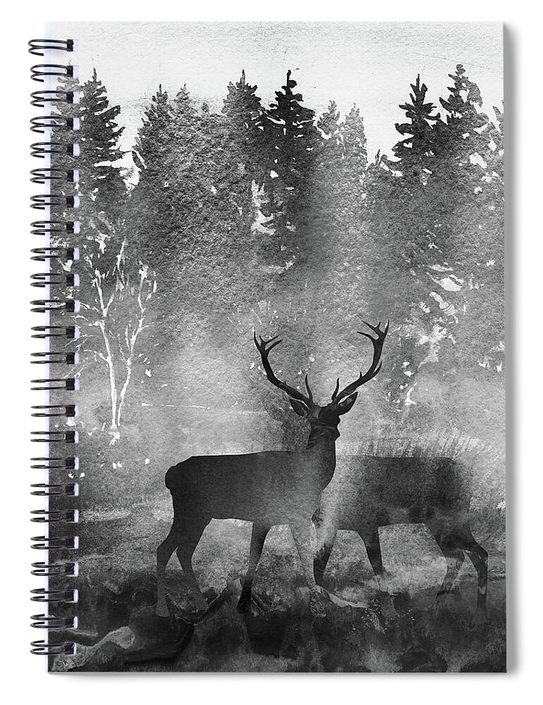 Deer Spiral Notebook featuring the painting Black White Grey Morning Deer Bucks Watercolor Silhouette Forest by Irina Sztukowski