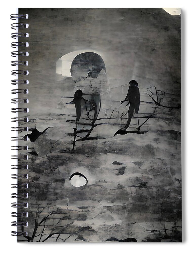 Moon Spiral Notebook featuring the digital art Blackbirds In Moonlight by Vennie Kocsis