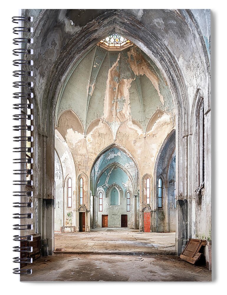 Abandoned Spiral Notebook featuring the photograph Blue Abandoned Church in Decay by Roman Robroek