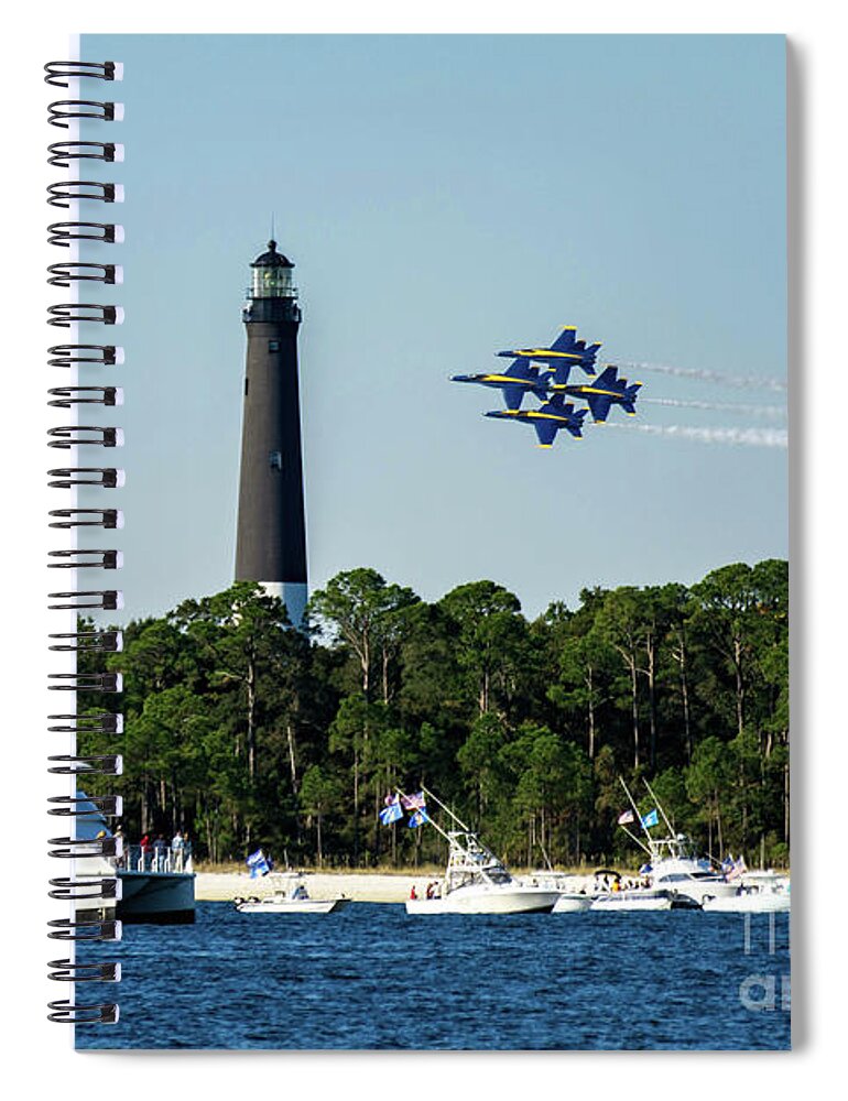 Blue Angels Spiral Notebook featuring the photograph Blue Angels over Pensacola Lighthouse and Ferry by Beachtown Views