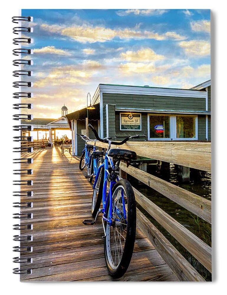 Clouds Spiral Notebook featuring the photograph Blue Bicycles on the Jekyll Island Boardwalk Pier by Debra and Dave Vanderlaan