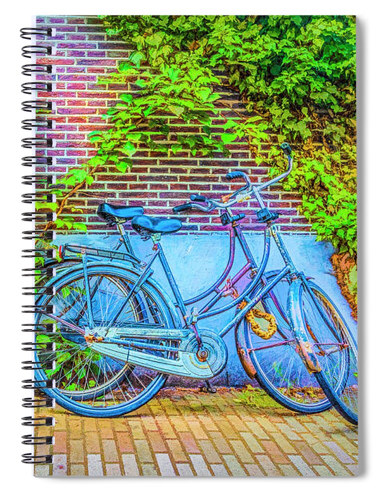 Fall Spiral Notebook featuring the photograph Blue Bicycles on the Sidewalk by Debra and Dave Vanderlaan