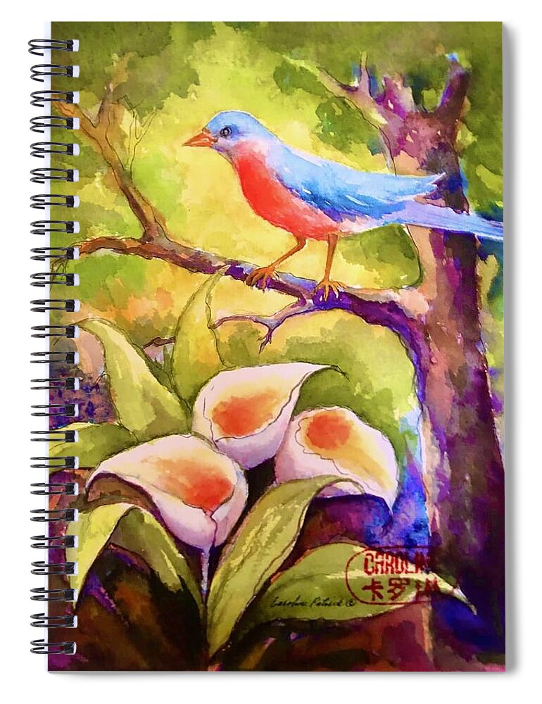 Blue Bird Speaking Spiral Notebook featuring the painting Blue Bird whispers by Caroline Patrick