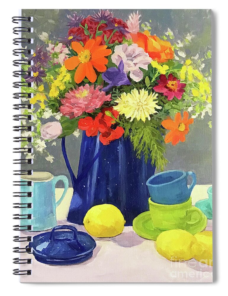 Blue Spiral Notebook featuring the painting Blue Coffeepot Bouquet by Anne Marie Brown